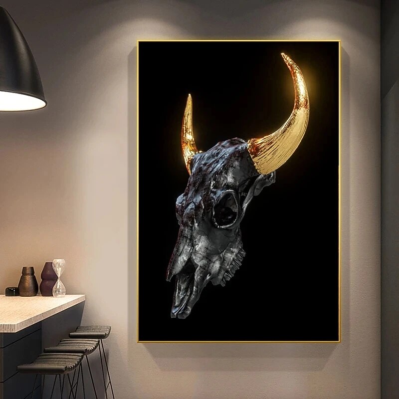 Gold Metal Horns Bull Skull Statue Art Canvas Painting Posters and Prints Wall Art Pictures for Living Room Wall Decor2