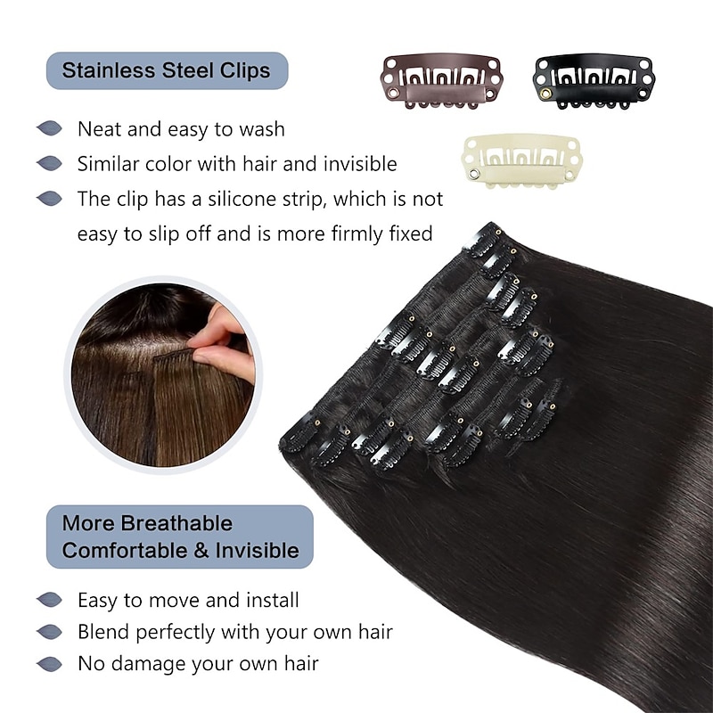 Clip in Hair Extensions Real Human Hair Natural Black Human Hair Extensions Clip ins 20 Inch Double Weft Straight 1b Clip in Human Hair Extensions #1B Color 8Pcs 120g4