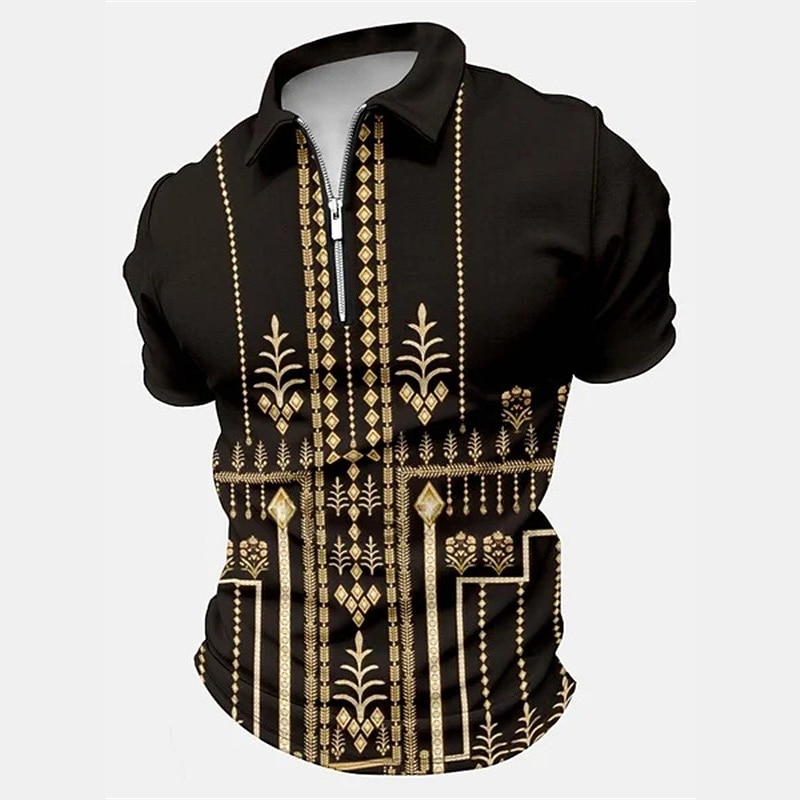 Men's Baroque Zip Polo Shirts Golf Shirt Short Sleeve Polo Shirts Collared Shirts Vintage Casual Vacation Wear Party Outfits 3D Print Quarter Zip Polo Black White Yellow3
