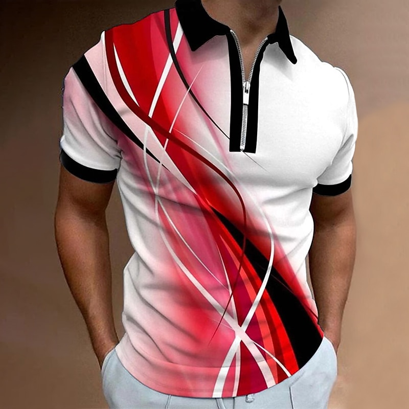 Men's Geometric Zip Polo Shirts Golf Shirt Short Sleeve Polo Shirts Collared Shirts Business Casual Vacation Wear Formal Wear Festival Wear 3D Print Quarter Zip Polo Red Blue
