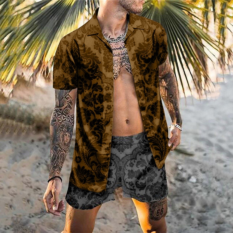 Men's Floral 2pcs Shirts Sets Summer Hawaiian Shirt Short Sleeve Short Pants Turndown Tropical Fashion Hawaiian Casual Holiday Beach Print Summer Spring Black Blue Khaki3