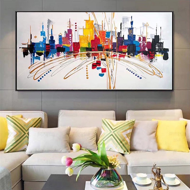 Mintura Handmade Colorful City Landscape Oil Paintings On Canvas Wall Art Decoration Modern Abstract Picture For Home Decor Rolled Frameless Unstretched Painting