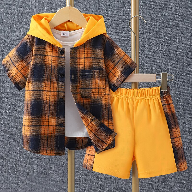 2 Pieces Kids Boys Clothing Set Outfit Plaid Short Sleeve Set Casual Basic Summer 3-7 Years Black Yellow Red3