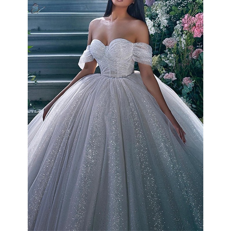 Engagement Sparkle & Shine Formal Wedding Dresses Ball Gown Off Shoulder Cap Sleeve Chapel Train Sequined Bridal Gowns With Solid Color2