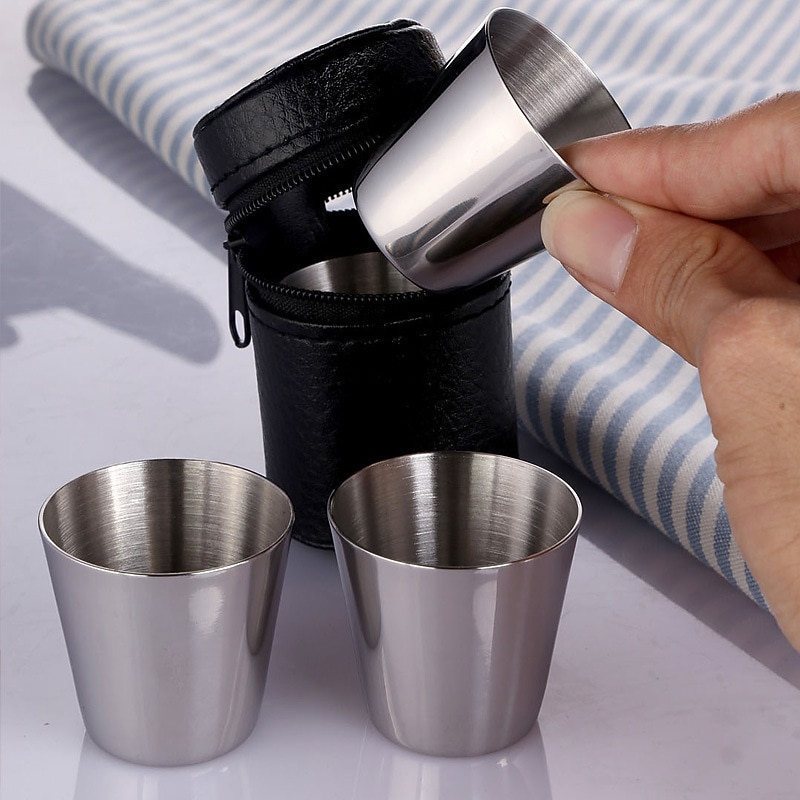 4 Stainless Steel Shot Cups Drinking Vessel with Black Leather Carrying Case (30ml) Outdoor Camping Travel Unbreakable Metal Shooters for Whiskey Tequila Liquor Great Barware Gift2
