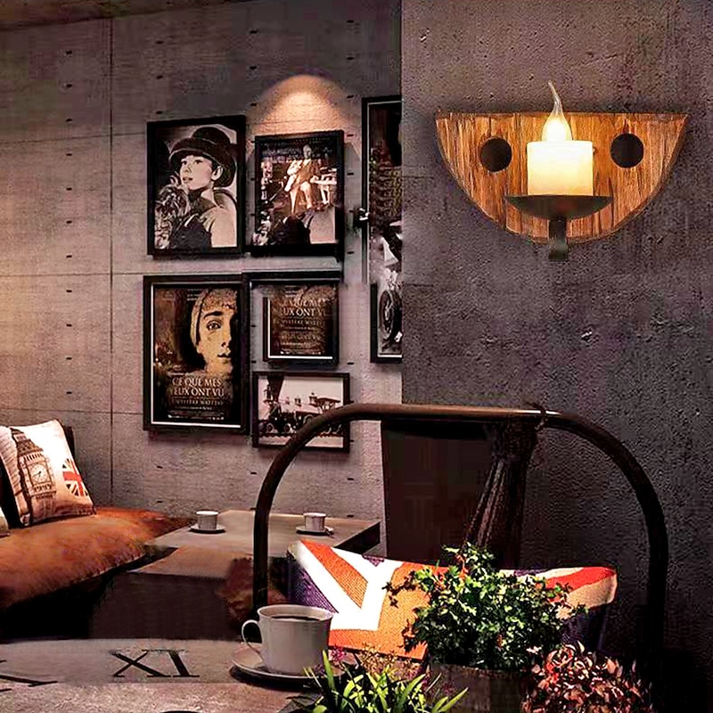 Industrial Style Rural Retro Wood Wall Lamp Marble Lampshade Gray Log Suitable for Indoor Farmhouse Coffee Kitchen Study Lighting E14/E12 Candle Bulb AC110V AC220V3