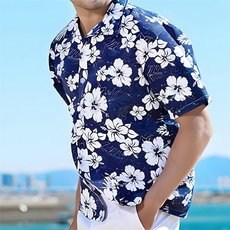 Men's Floral Tropical Flowers Shirt Summer Shirt Beach Shirt Short Sleeve Shirt Turndown Fashion Breathable Comfortable Outdoor Street Casual Sea Blue Blue Blue-White S M L