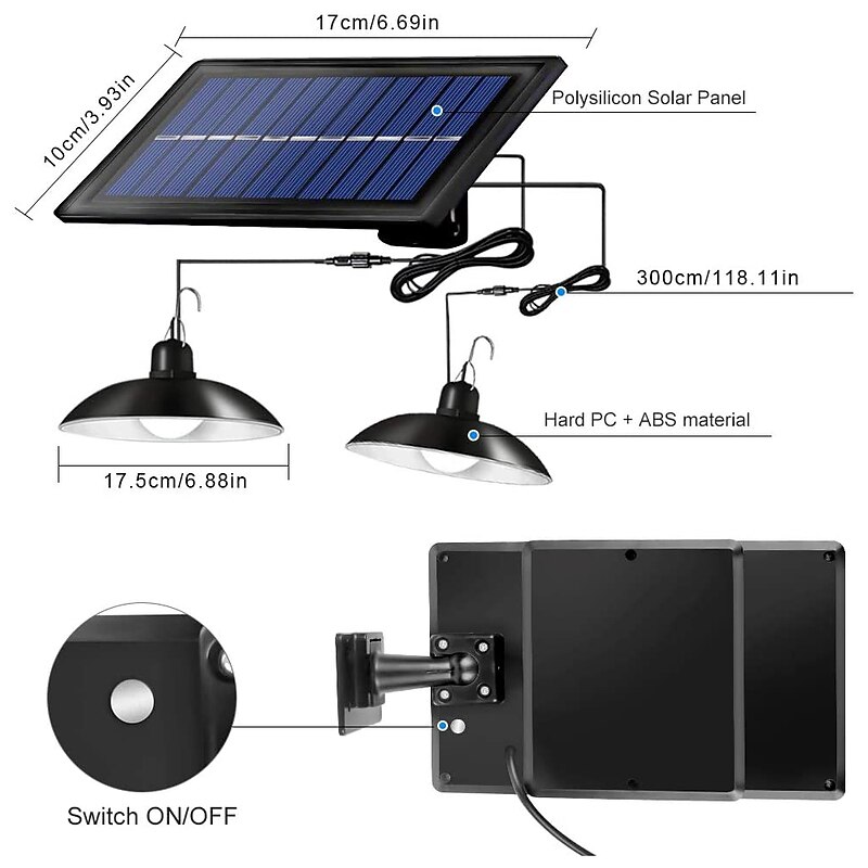 Solar Pendant Lights Outdoor Indoor String Lights Dimmable IP65 Waterproof Dual Head Solar Shed Light with 3M Cord and Remote Controller2