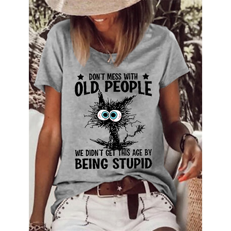 Women's T Shirt Cat Letter Text Basic Short Sleeve Round Neck Regular Tops Daily Weekend Print White Pink Blue Green Gray Spring, Fall, Winter, Summer2