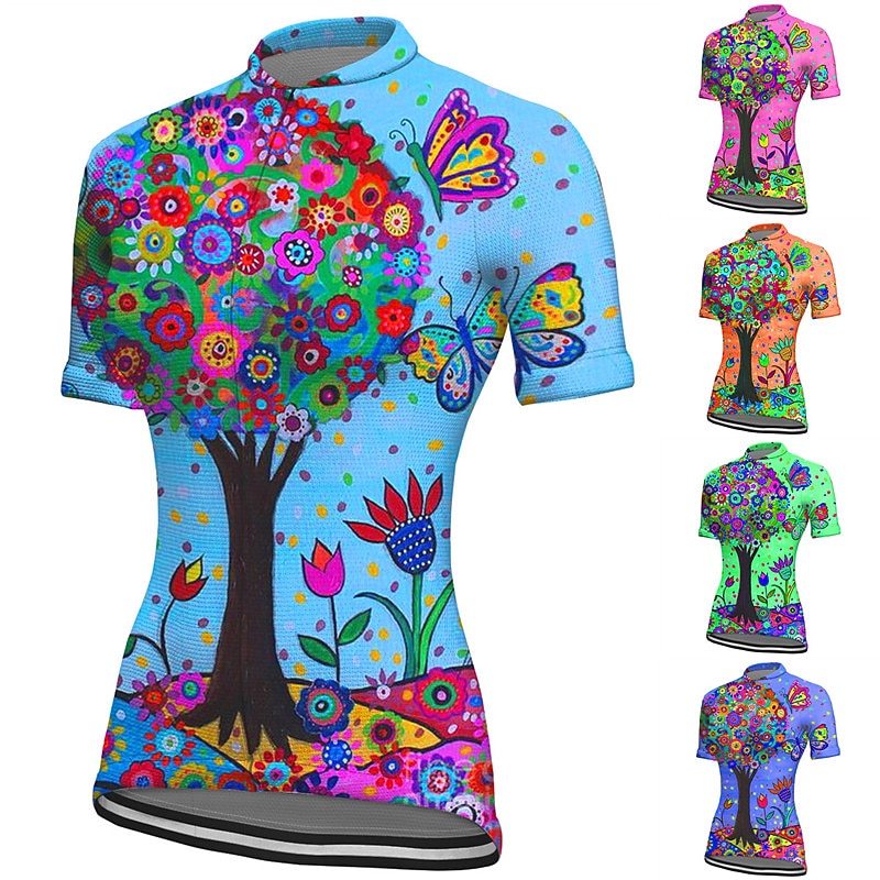 Women's Cycling Jersey Graphic Plants Short Sleeve Bike Jersey Top with 3 Rear Pockets Mountain Bike MTB Road Bike Cycling Quick Dry Reflective Strips Back Pocket Moisture Wicking Sports Pink Blue
