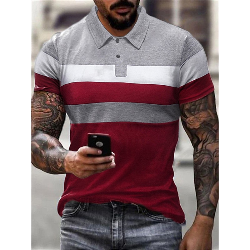 Men's Polo Shirt Golf Shirt Striped Graphic Prints Turndown Black Red Gray Outdoor Street Short Sleeves Button-Down Print Clothing Apparel Sports Fashion Streetwear Designer3