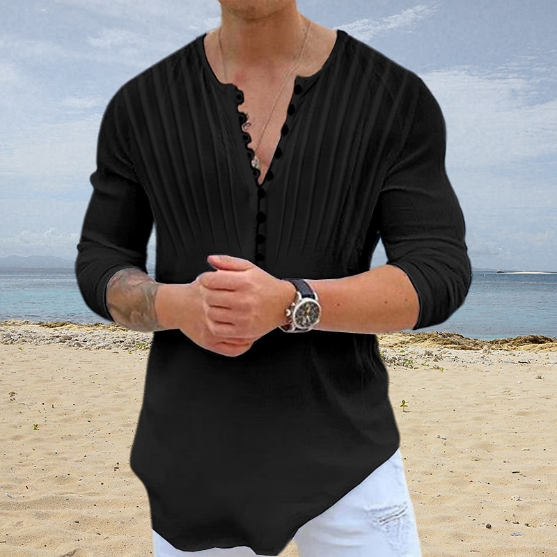 Men's Shirt Popover Shirt Summer Shirt Beach Wear Casual Shirt Band Collar Shirt Black White Blue Long Sleeve Plain Crew Neck Vacation Street Clothing Apparel Cotton Cotton Blend Fashion Casual2