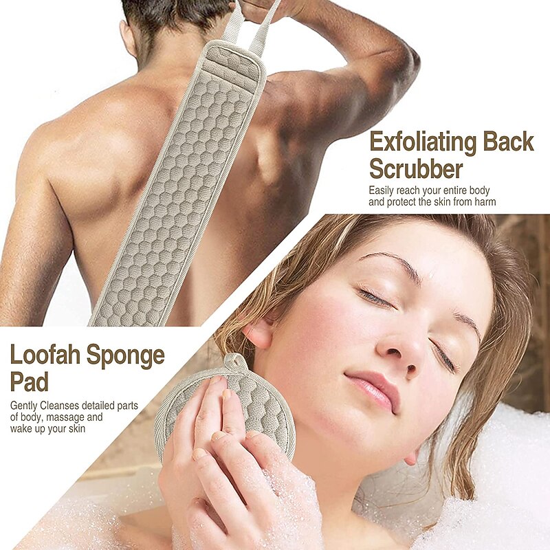 Exfoliating Back Scrubber & Exfoliating Sponge Pad Set for Shower, Bath Shower Scrubber for Men and Women, Luffa Scrubber to Deep Clean Relax Your Body (33 inch & 3.8 inch)2