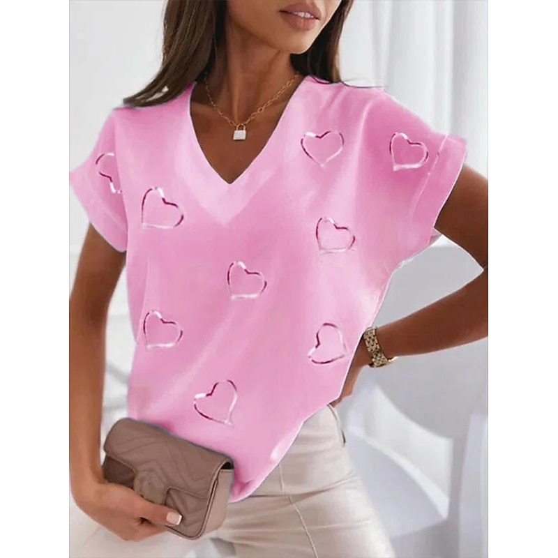 Women's T Shirt Blouse Basic Heart Print Dolman Sleeve Short Sleeve Regular Tops V Neck Casual White Pink Blue2