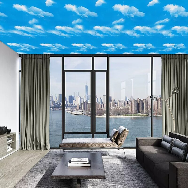Cool Wallpapers Blue Wallpaper Wall Mural Self adhesive PVC waterproof 3D blue sky white cloud color decoration film Bedroom living room ceiling wall sticker instant paste a roll of 17.72*74.78inches3