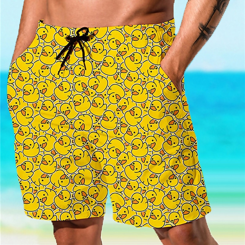 Men's Animal Graphic Prints Little Yellow Duck Swimming Trunks Board Shorts Swim Shorts Mid Waist Hawaiian Boho Casual Daily Holiday Drawstring with Mesh lining Elastic Waist Designer Clothing Apparel