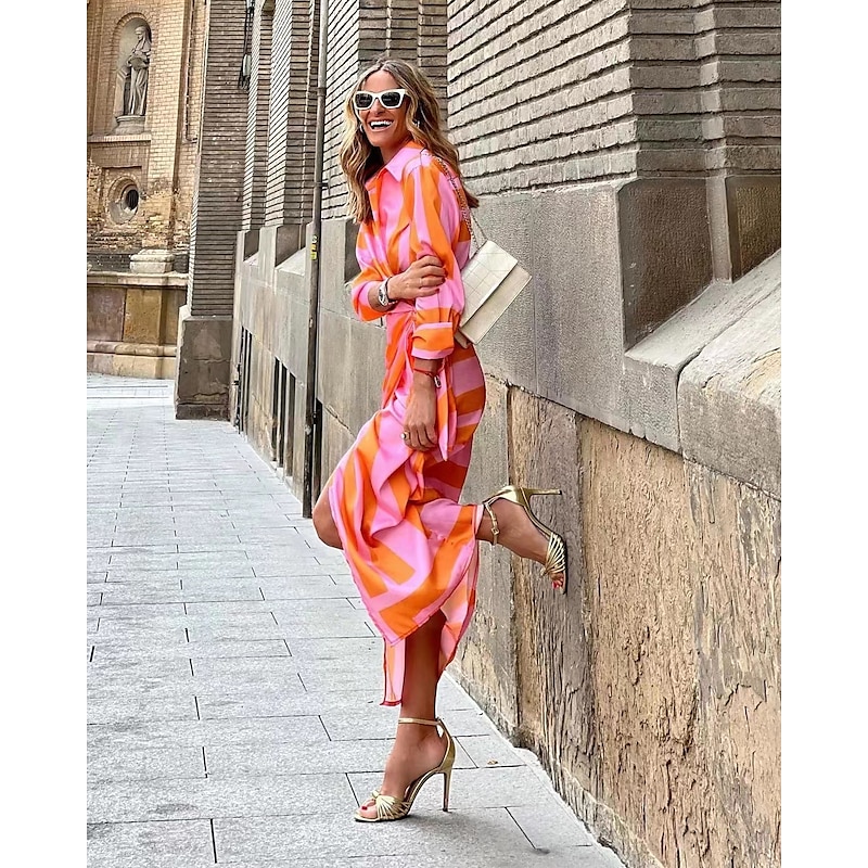 Women's Shirt Dress Bodycon Wrap Dress Maxi long Dress Outdoor Daily Fashion Boho Shirt Collar Ruched Split Long Sleeve Summer Fall Spring 2023 Regular Fit Purple Orange Green