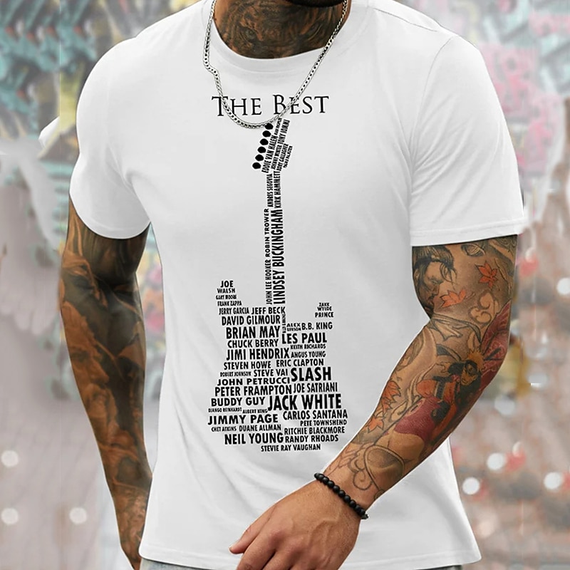 Men's Graphic T-Shirt, "The Best" Guitar Legends Iconic Musicians List in Guitar Shape Design Music Fan Tee4