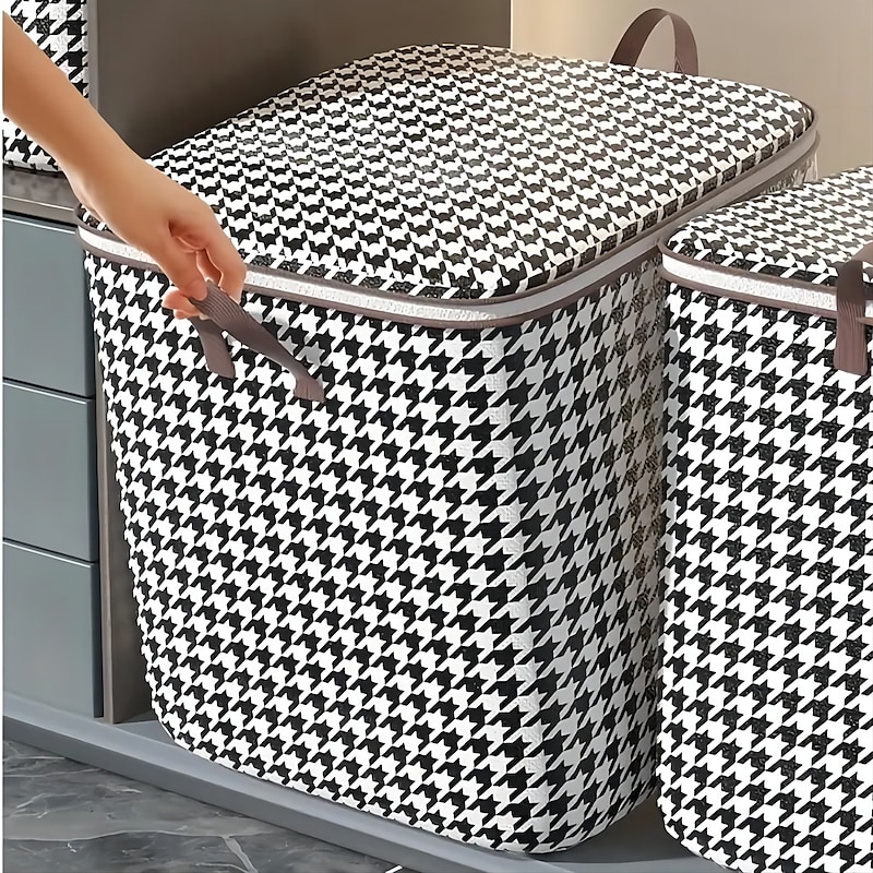 1pc Clothes Storage Bag, Houndstooth Pattern Foldable Fabric Storage Bag, Large Capacity Waterproof Moisture-proof Cotton Quilt Storage Bag, Home Organization And Storage
