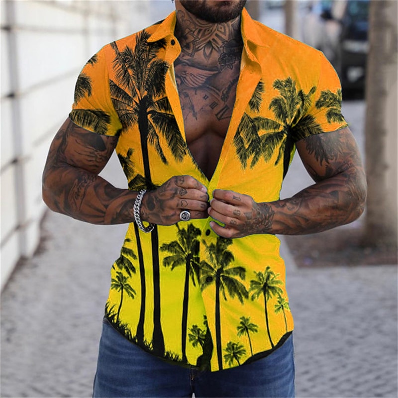 Men's Graphic Palm Tree Tropical Plants Shirt Summer Hawaiian Shirt Aloha Shirt Short Sleeve Shirt Turndown Fashion Designer Casual Street Daily Holiday Sea Blue Yellow Purple 3D Print S M L2