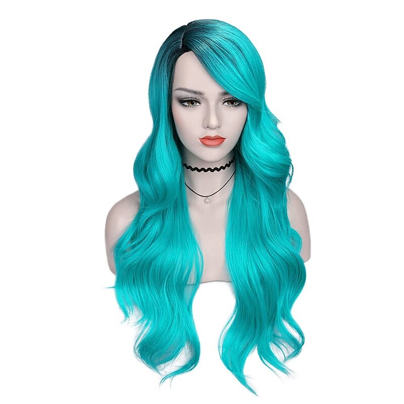Love Ombre Bluish Green Wigs Long Curly Wavy Teal Blue Side Part Wig 2 Tones Dark Roots Synthetic Daily Party Cosplay Wigs for Women Halloween Wigs2