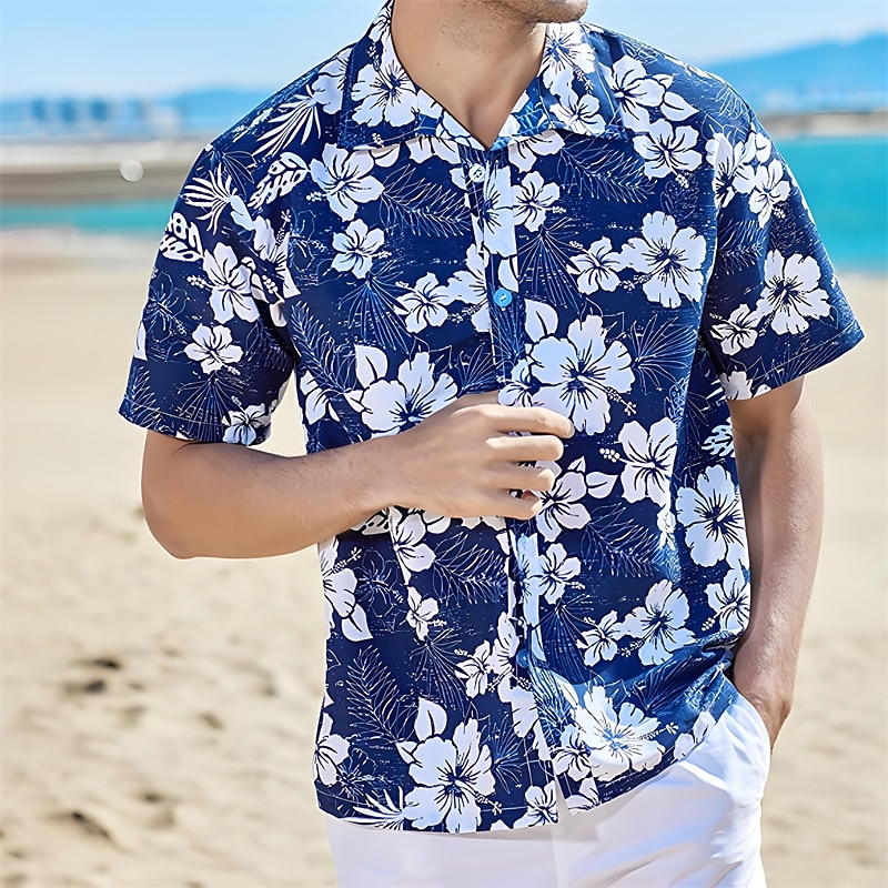 Men's Floral Tropical Flowers Shirt Summer Shirt Beach Shirt Short Sleeve Shirt Turndown Fashion Breathable Comfortable Outdoor Street Casual Sea Blue Blue Blue-White S M L2