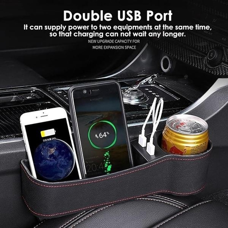 Car Seat Box Organizer Car Console Side Pocket Coin Box and 2 USB Charging Hub for Cellphones2