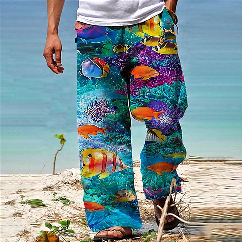 Men's Trousers Summer Pants Beach Pants Drawstring Elastic Waist 3D Print Graphic Prints Fish Ocean Comfort Casual Daily Holiday Cotton Blend Streetwear Hawaiian Red Blue