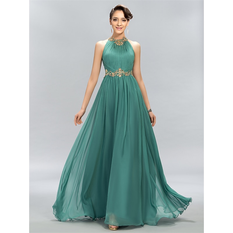 A-Line Wedding Guest Dresses Elegant Dress Party Wear Wedding Party Floor Length Sleeveless Halter Neck Chiffon with Ruched Appliques