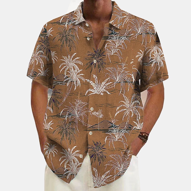 Men's Linen Shirt Beach Shirt Summer Hawaiian Shirt Button Up Shirt Coconut Tree Vacation Hawaiian White Green Khaki Dark Blue Short Sleeve Lapel Spring & Summer Clothing Apparel Print3