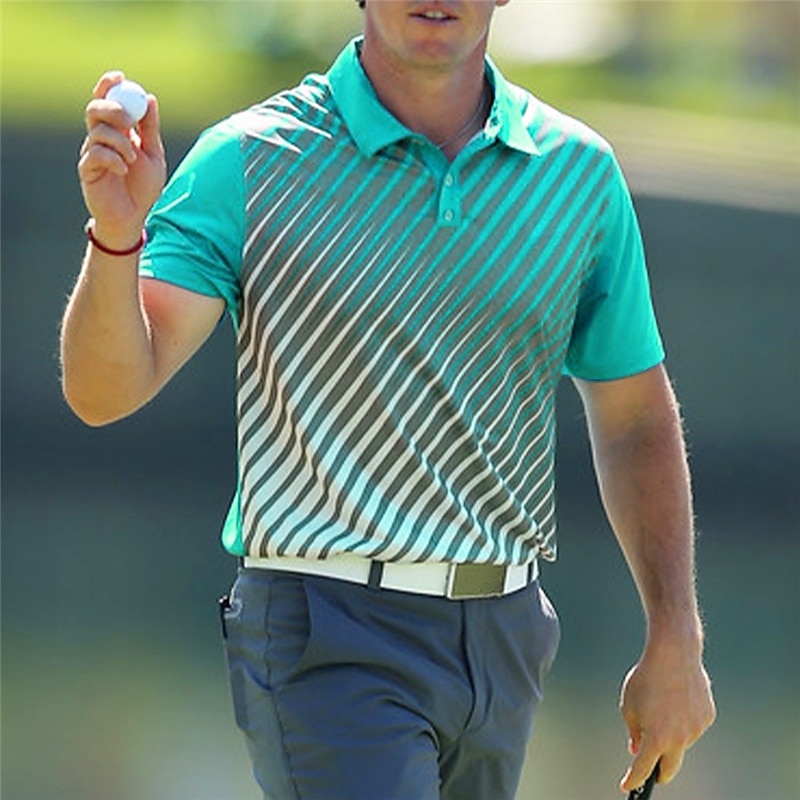 Men's Striped Sports Polo Shirts Golf Shirt Short Sleeve Polo Shirts Collared Shirts Casual Sportswear Vacation Wear Buttons 3D Print Lake blue Black Yellow4