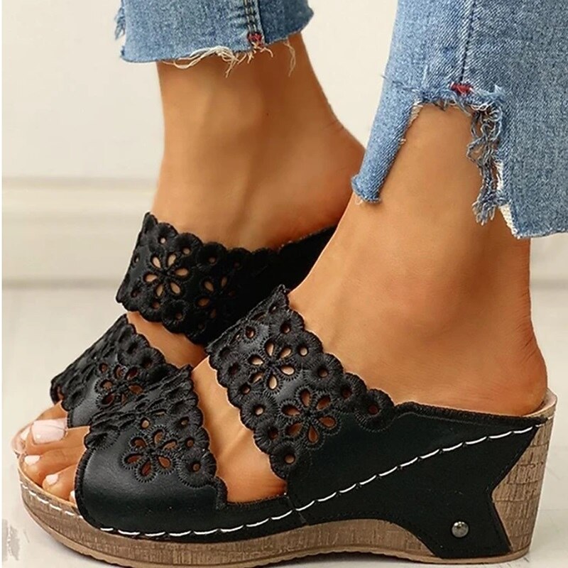 Women's Black Wedge Sandals with Floral Cutout Design – Comfortable Summer Slip-On Shoes with Stitch Detailing