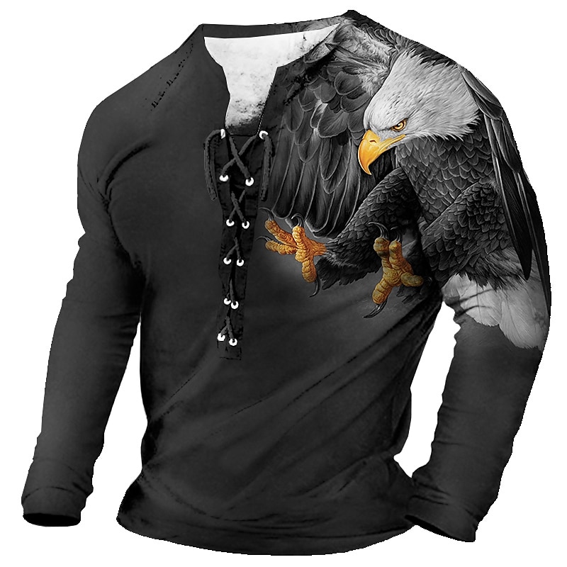 Men's T Shirt Tee Graphic Animal Eagle Collar Clothing Apparel 3D Print Casual Daily Going out Long Sleeve Lace up Print Polyester Fashion Designer Comfortable2