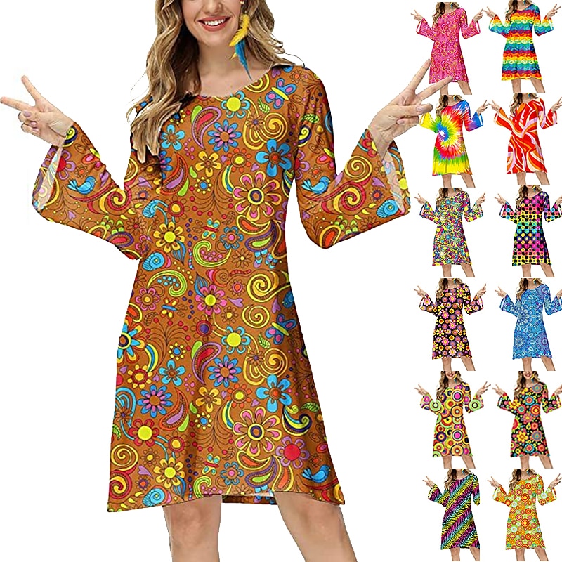 Hippie Retro Vintage 1970s Disco Dress Women's Costume Vintage Cosplay Party & Evening Long Sleeve Dress Masquerade