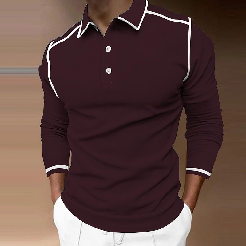 Men's Polo Shirt Golf Shirt Street Casual Polo Collar Classic Long Sleeve Fashion Designer Solid Colored Patchwork 3D Print Spring & Fall Regular Fit Wine Navy Blue Polo Shirt4
