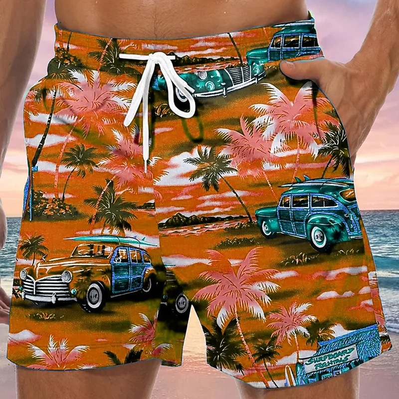 Men's Car Coconut Tree Graphic Prints Swim Shorts Board Shorts Swimming Trunks Mid Waist Hawaiian Boho Casual Daily Holiday Drawstring with Mesh lining Elastic Waist Designer Clothing Apparel4