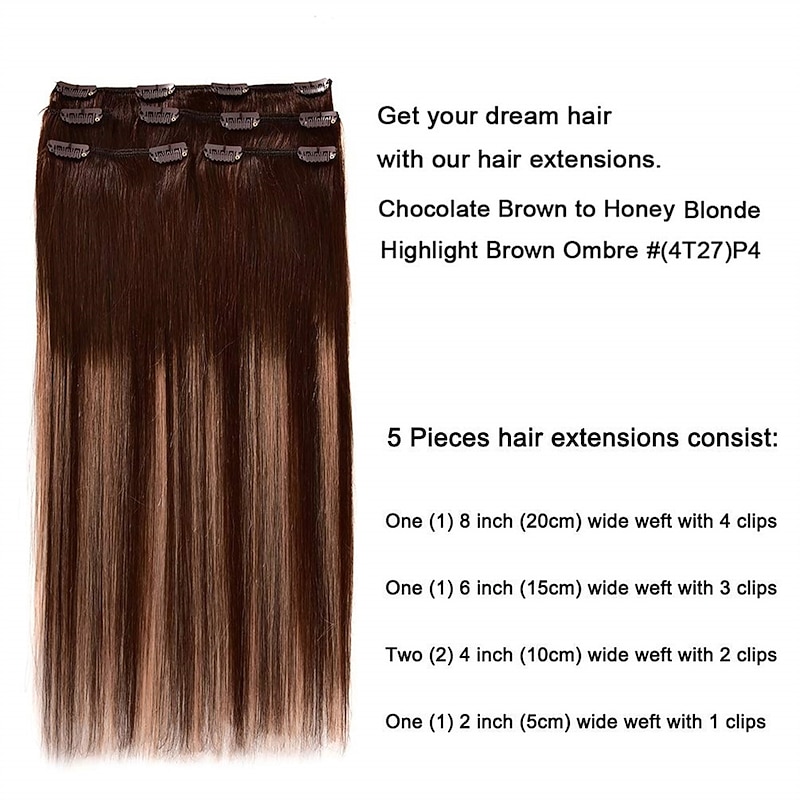 5 Pieces 14 Remy Clip in Hair Extensions Human Hair Chocolate Brown to Honey Blonde Highlight Brown Ombre - Silky Straight Short Thick Real Hair Extensions for Women3
