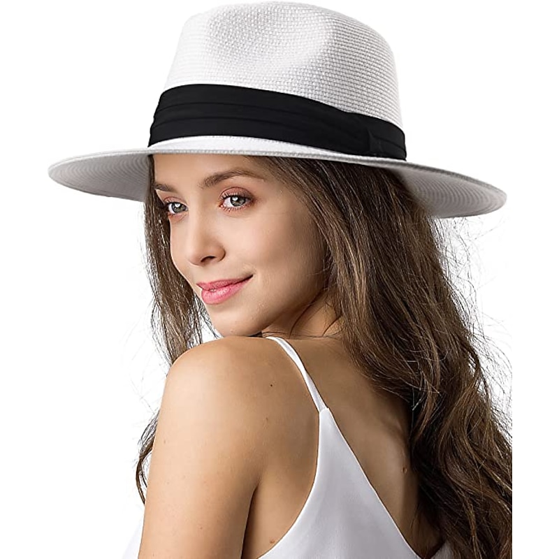 1 pcs Womens Mens Wide Brim Straw Panama Hat Fedora Summer Beach Sun Hat  Straw Hat for Women4