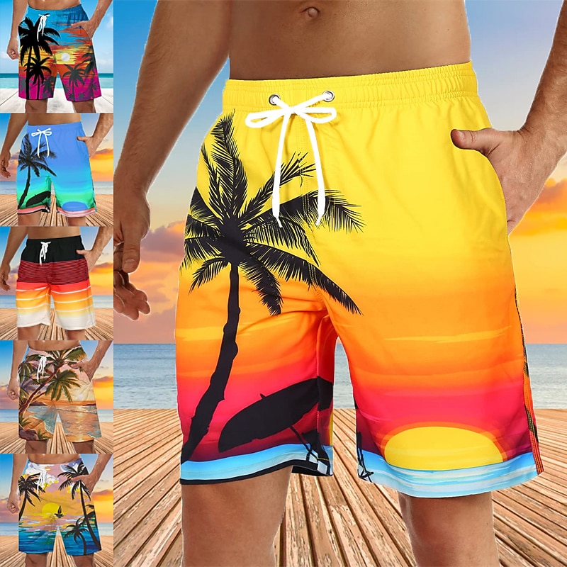 Men's Coconut Tree Sunset Board Shorts Swim Shorts Swim Trunks Mid Waist Hawaiian Boho Holiday Beach Drawstring with Mesh lining Elastic Waist Designer Clothing Apparel