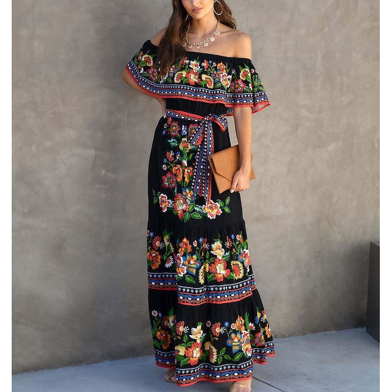 Mexican Dress for Women Off-Shoulder Ruffle Floral Print Summer Party Casual Maxi Dresses Ladies Beach Sundress4