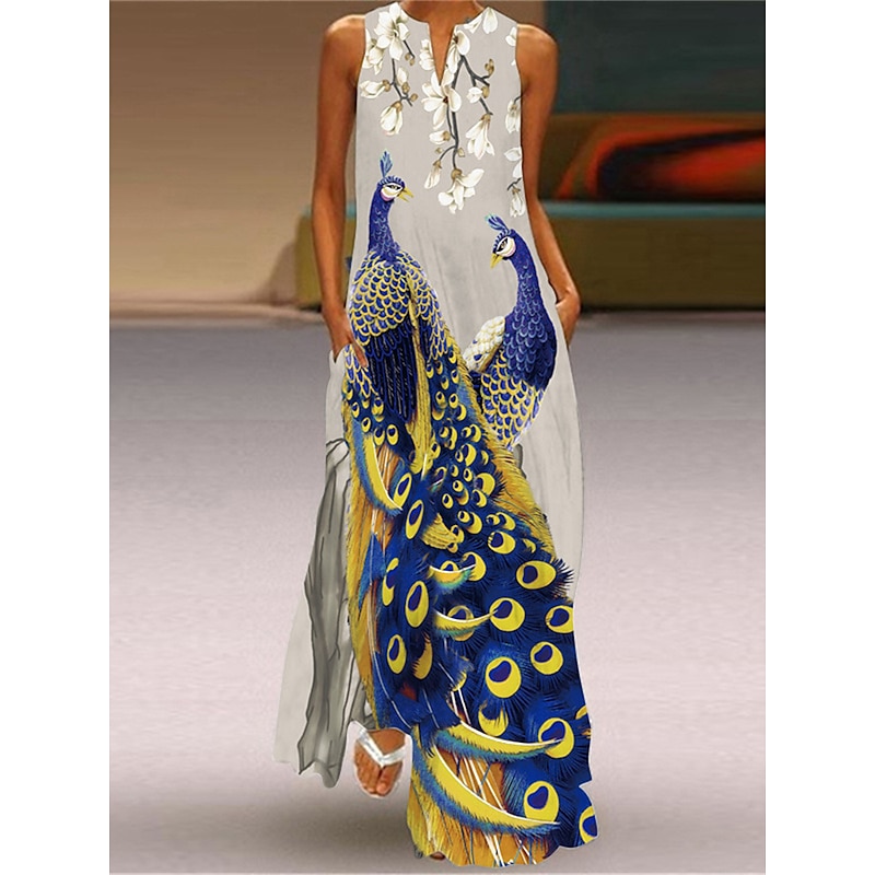 Women's Maxi long Dress Midi Dress Casual Dress T Shirt Dress Tee Dress Print Dress Streetwear Casual Outdoor Vacation Going out Regular Fit Floral Peacock Fish Sleeveless V Neck Yellow Royal Blue