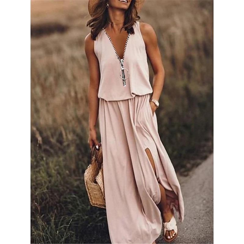 Women's Casual Dress Pure Color Zipper Pocket V Neck Maxi long Dress Basic Casual Daily Sleeveless Summer Spring