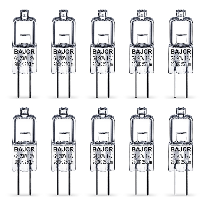 BAJCR G4 Halogen Bulb 20W, 10 Pack Dimmable G4 Light Bulb for Under Cabinet Puck Light, Chandeliers, Track Lighting, AC/DC 12 Volt, T3 JC Type Bi-Pin G4 Base, Warm White 2800K