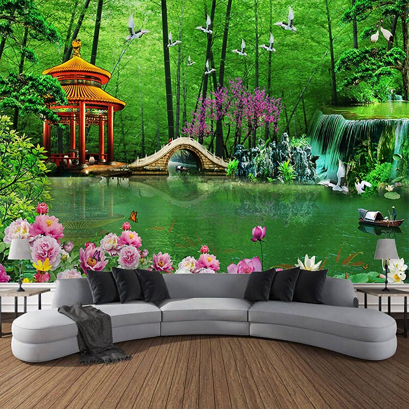 Beautiful Green Wall Tapestry Bamboo Wooden Bridge Plants Natural Scenery Art Decoration Carpet Curtain Hanging Home Bedroom Living Room Decoration2