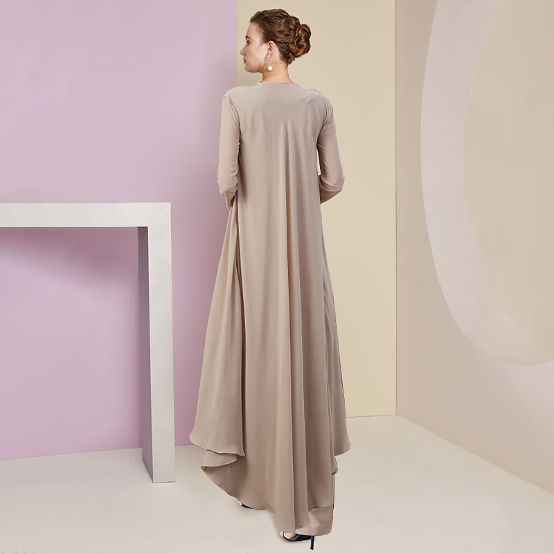 Beach Wedding Pantsuit 3 Piece Mother of the Bride  Formal Wedding Guest Elegant V Neck Floor Length Chiffon Lace Sleeveless Wrap Included with Beading Appliques2