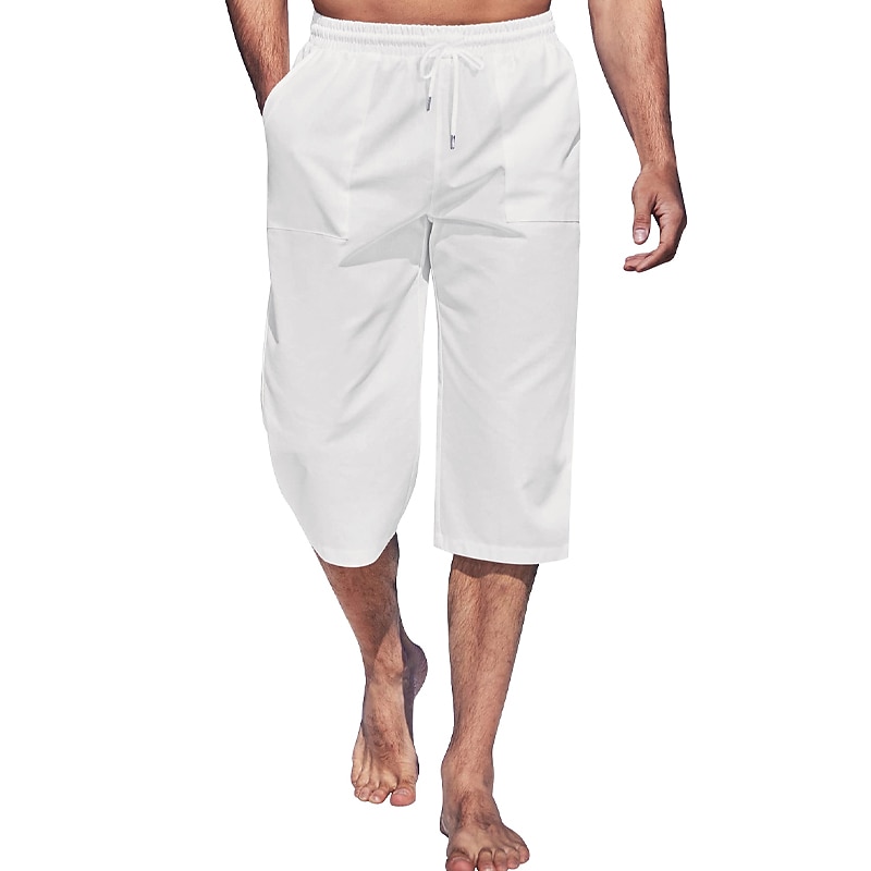 Men's Shorts Linen Shorts Summer Shorts Beach Shorts Capri Pants Pocket Drawstring Elastic Waist Plain Comfort Breathable Outdoor Daily Going out Fashion Streetwear Black White3