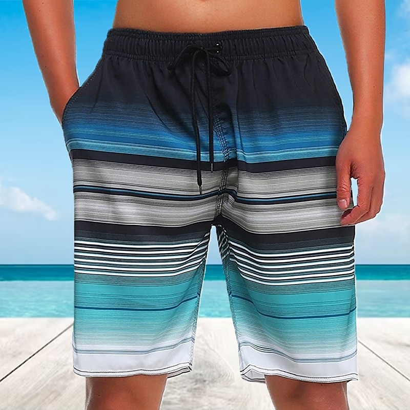 Men's Board Shorts Swim Shorts Swim Trunks Drawstring with Mesh lining Elastic Waist Gradient Stripe Quick Dry Short Casual Daily Holiday Hawaiian Boho Blue Orange Micro-elastic3