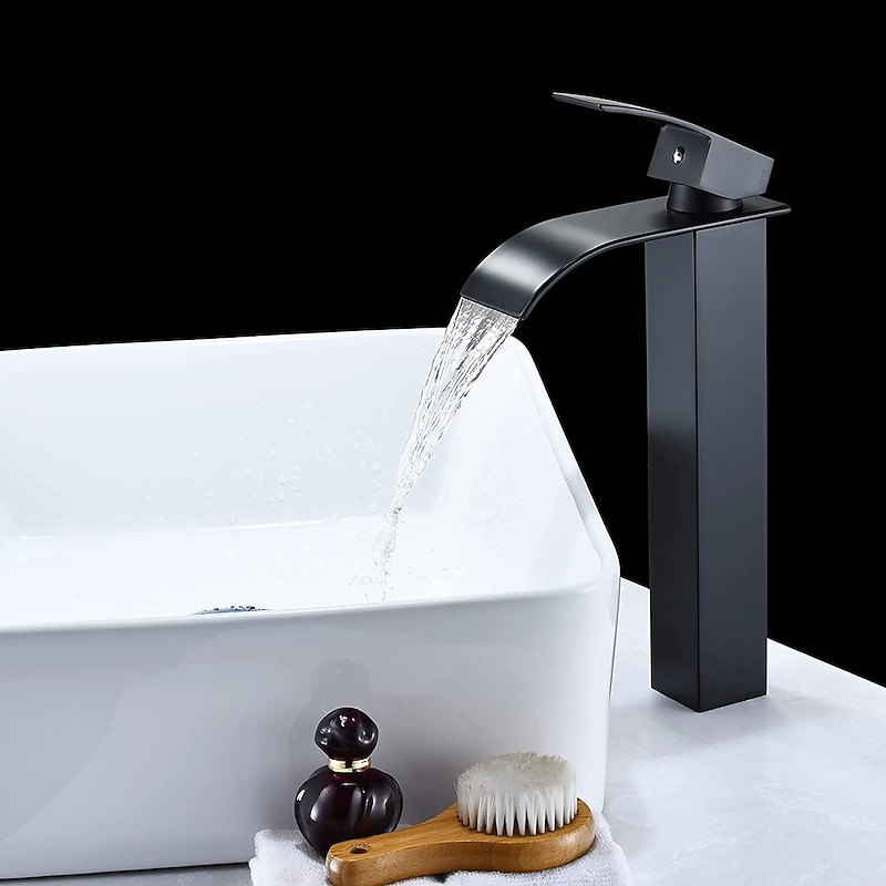 Waterfall Bathroom Sink Mixer Faucet Tall Short, Mono Wash Basin Single Handle Basin Taps, Washroom with Hot and Cold Hose Monobloc Vessel Water Brass Tap Deck Mounted Golden Black2