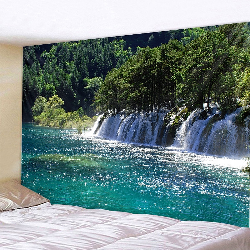 Natural Forest Waterfall Hanging Tapestry Wall Art Large Tapestry Mural Decor Photograph Backdrop Blanket Curtain Home Bedroom Living Room Decoration2