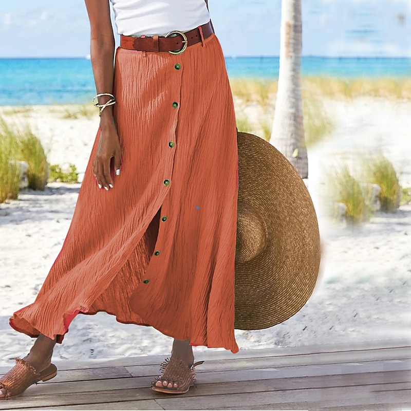 Women's Skirt Long Skirt Linen Skirts Straight Fashion coastal grandma style Summer Maxi Skirts Solid Colored Split Vacation Office / Career Black White Navy Blue Orange Autumn / Fall Polyester4